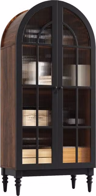 Credenza alta con ante in vetro; 76 x 38;5 x 165 cm; struttura ad arco in MDF; nera con finitura effetto legno