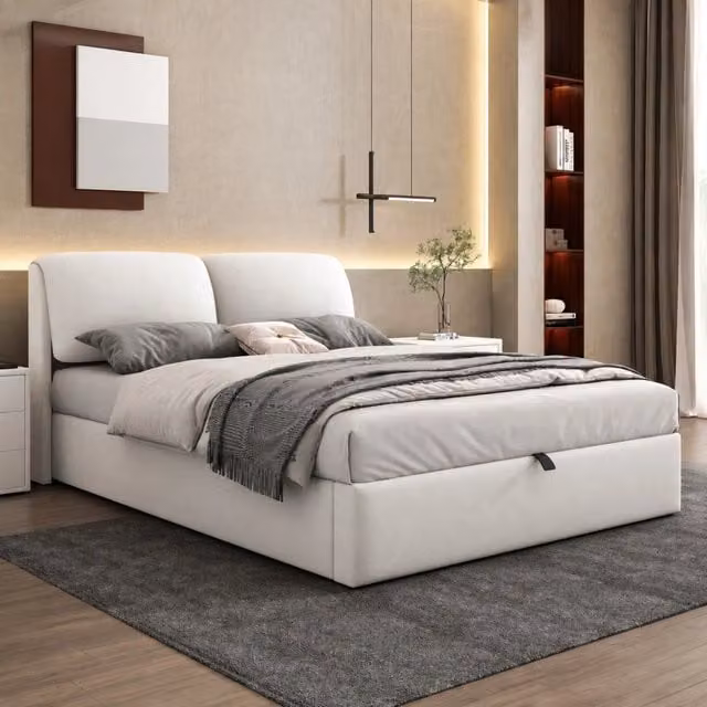 Letto matrimoniale 140x200 cm in velluto beige con contenitore, 3 cassetti e testiera regolabile HAVRYA