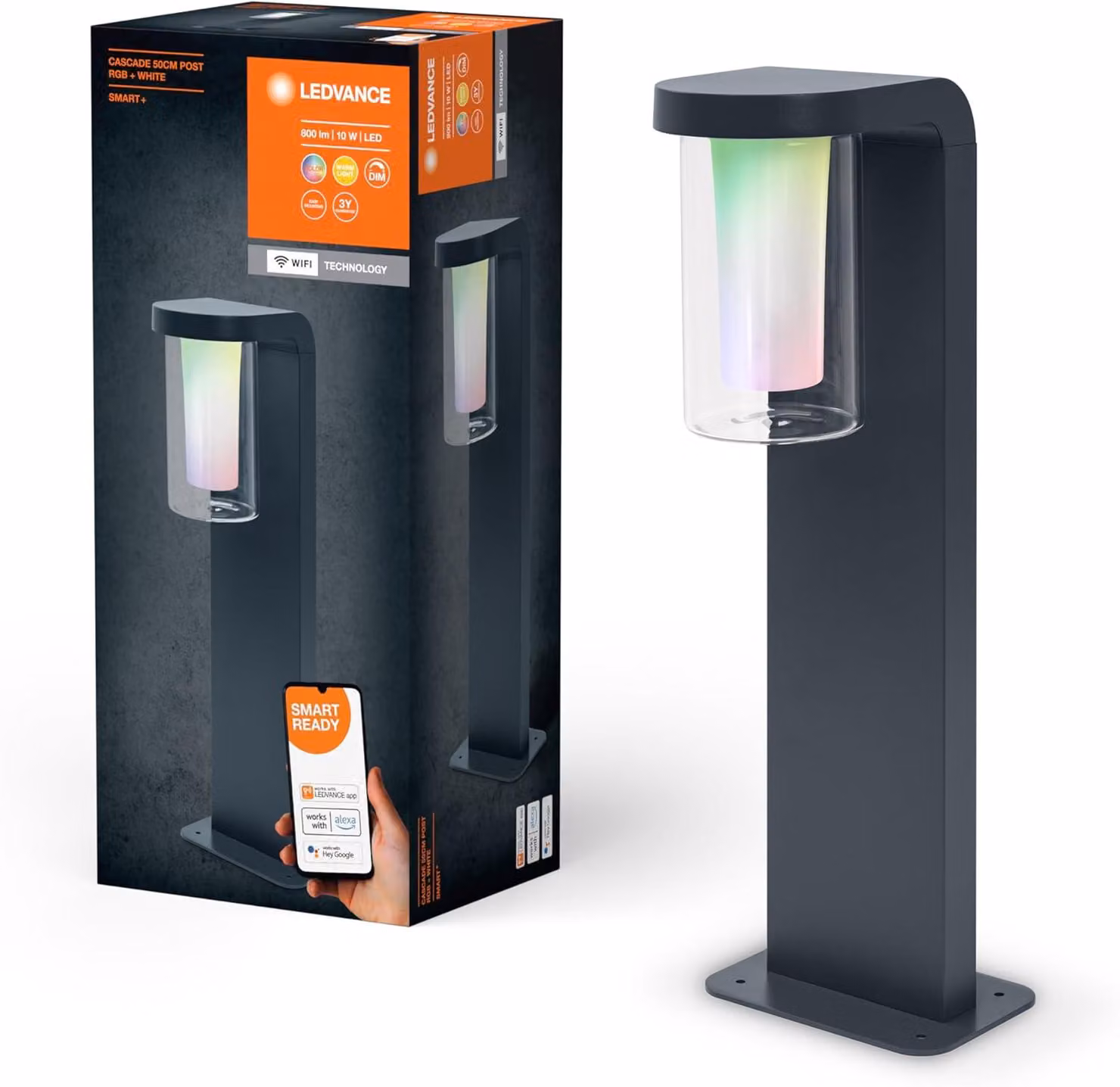 LEDVANCE SMART+ CASCADE 50CM Post - piantana LED dimmerabile grigio scuro per esterni con corpo in alluminio di alta qualità, controllo colore RGB, 10 W, 3000 Kelvin bianco caldo, 420 lumen, IP44