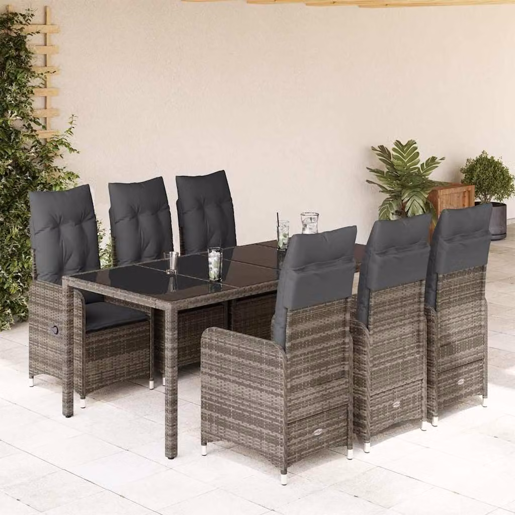 vidaXL Set Bistrò da Giardino 7 pz in Polyrattan e Metallo con Piano in Vetro Grigio – 1