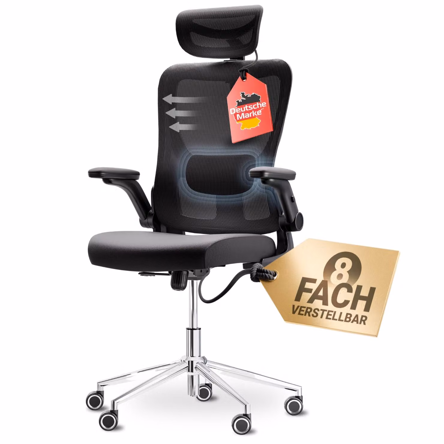 LUTIVO Bravo Sedia da ufficio ergonomica [ORIGINALE] Sedia da scrivania ergonomica con 8 regolazioni per il massimo comfort | Sedia da gaming e sedia girevole (nera)