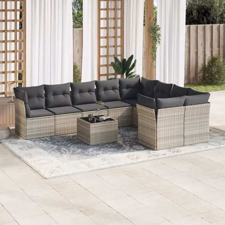 vidaXL Set Divano da Giardino 10 Pezzi con Cuscini e Tavolino da Esterno in Polyrattan e Acciaio Grigio