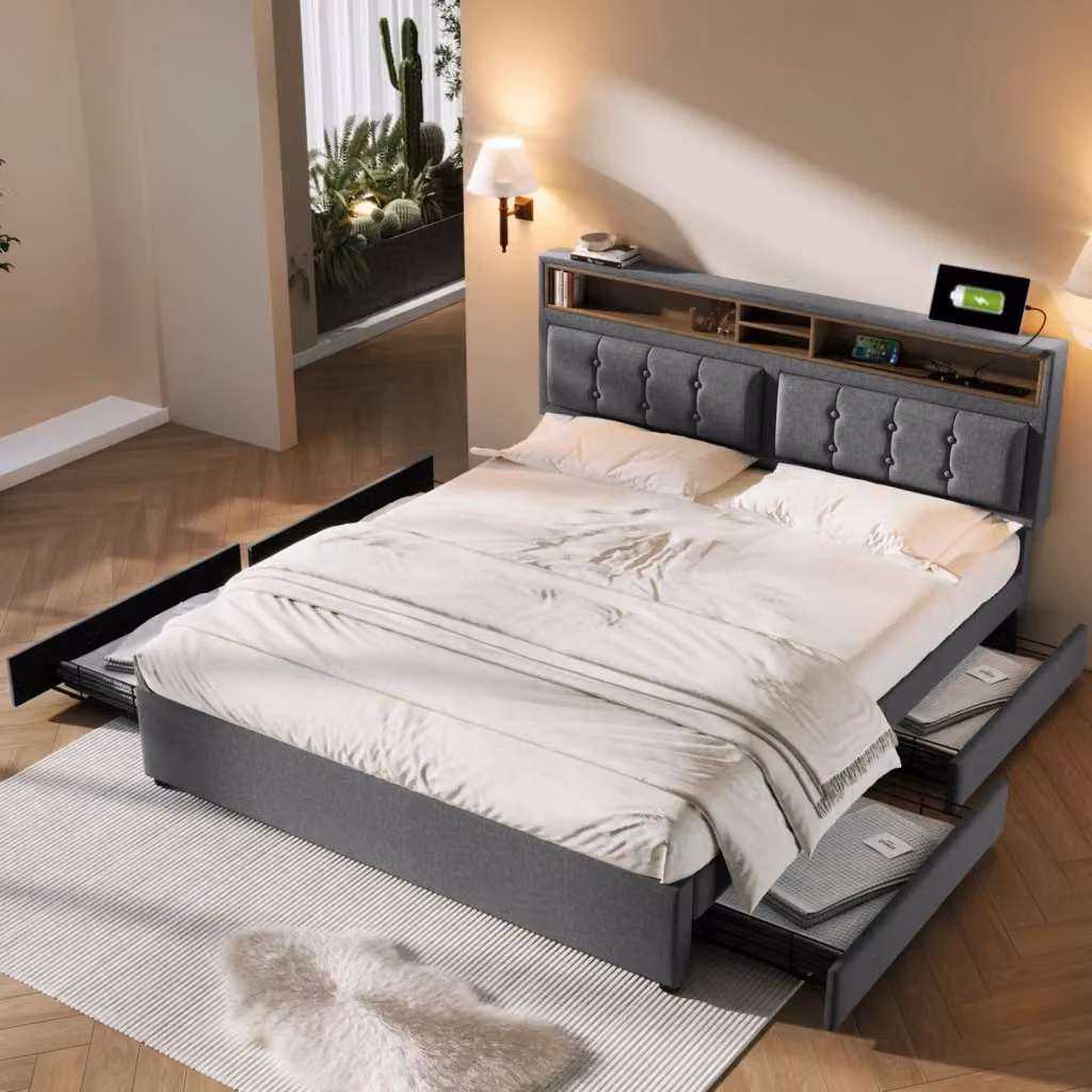 Letto matrimoniale OKWISH moderno in tessuto grigio con 4 cassetti, testiera regolabile, porta USB e mensola integrata, L/P/H: 140 x 200 x 45 cm – 2
