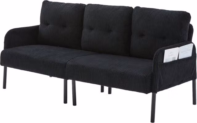 Divano 3 posti 171x72x80 cm in tessuto a coste con tasca laterale; nero