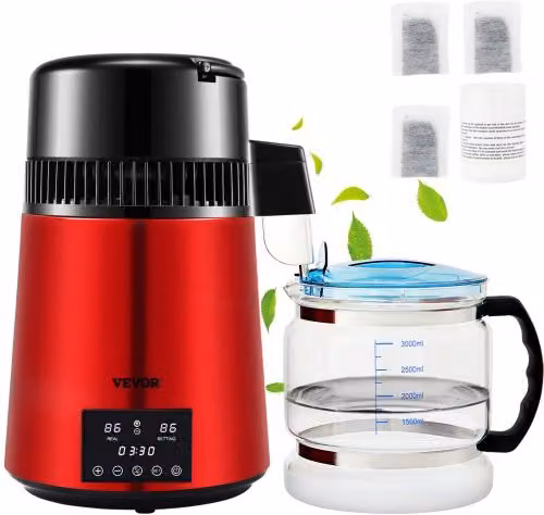 Distillatore d'Acqua VEVOR in Acciaio Inox e Vetro, Colore Rosso, Capacità 3,9 L, Velocità 1 L/H, L/P/H: 38,5 x 23,5 cm