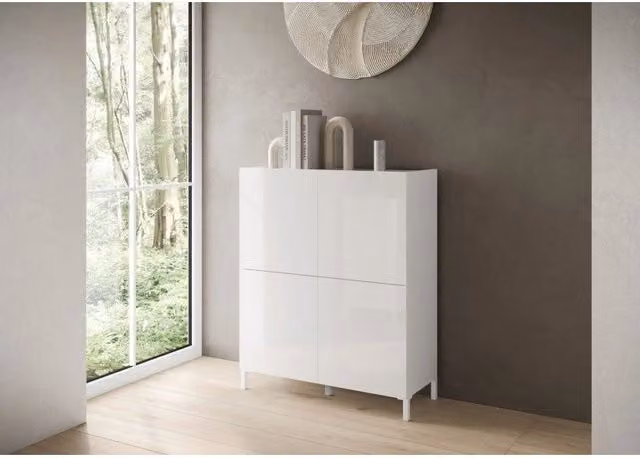 Credenza alta moderna 4 ante 90x35x110 cm Solaria - Bianco Lucido