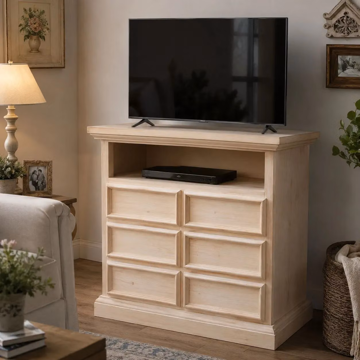 Porta TV Mobili 2G in legno di pino grezzo con 6 cassetti e 1 vano a giorno, colore beige, L: 83 cm, P: 47 cm, H: 84 cm – 3