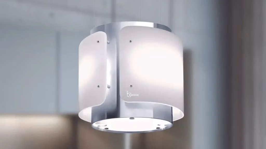 Cappa da soffitto Baraldi Dessy in vetro bianco e acciaio inox con aspirazione 800 m3/h e controllo tramite app, L: 40 cm