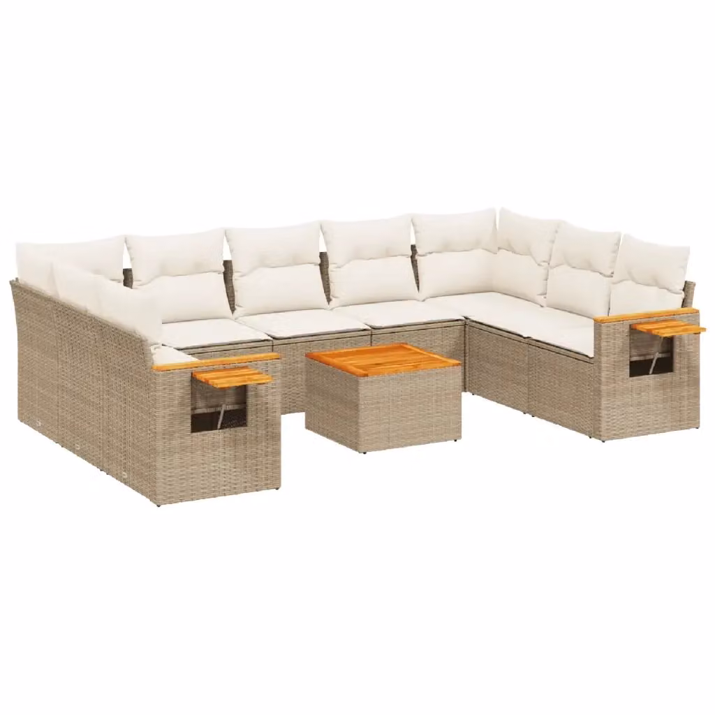 vidaXL Set Divano da Giardino 10 pz a forma di U in Polyrattan con Cuscini Beige e Tavolino da Esterno – 2