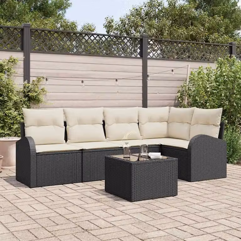 Set Divano da Giardino vidaXL 6 Pezzi a Forma di L con Tavolino, Nero e Bianco