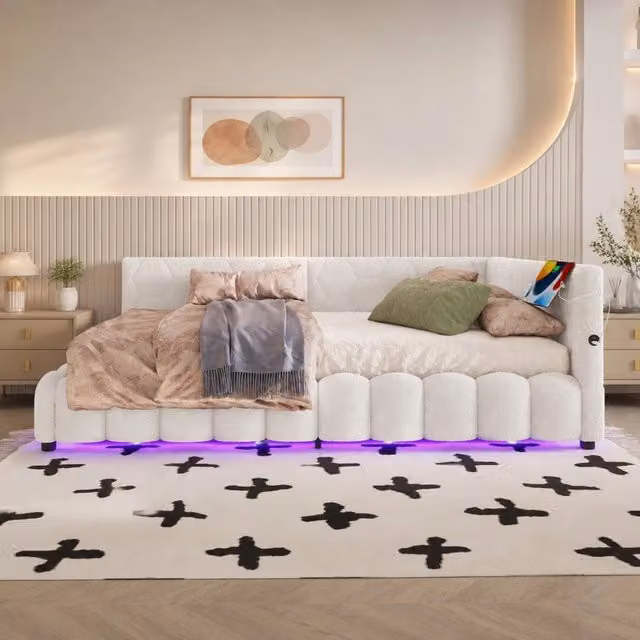 Letto da giorno 140 x 200 cm con rete a doghe; contenitore idraulico; LED; USB e Type-C; bianco