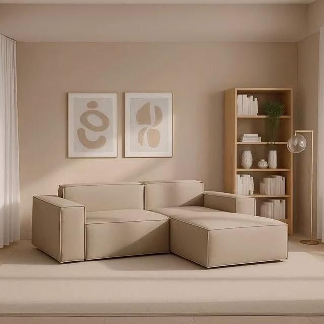 Divano componibile Amuleto Talamo Italia con penisola destra, modello moderno in tessuto beige con funzione letto e coperture rimovibili, L: 220 cm, P: 170 cm, H: 70 cm