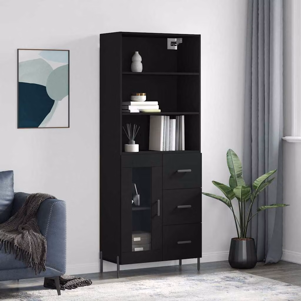Credenza moderna vidaXL nera con ante in vetro e cassetti, ideale per soggiorno o sala da pranzo, L: 69,5 cm, P: 34 cm, H: 180 cm
