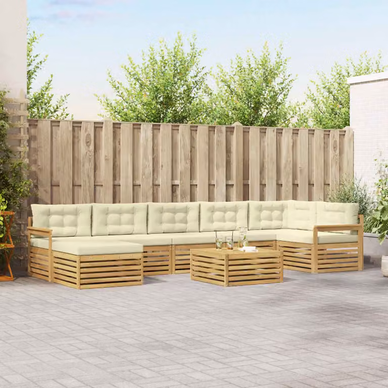 Set di divani da esterno vidaXL a forma di L composto da 8 pezzi in legno di acacia con cuscini, colore bianco, beige e marrone