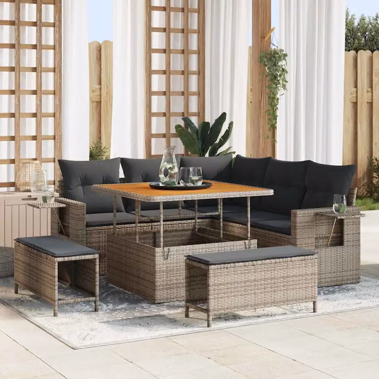 vidaXL Set Divano da Giardino 9 Pezzi con Cuscini Grigio in Polyrattan e Acciaio