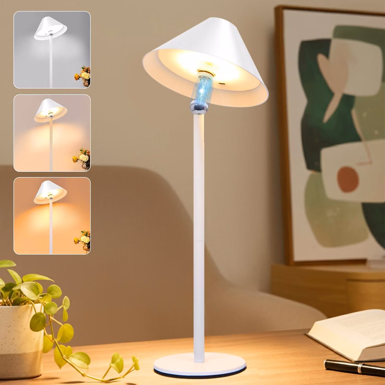 Lampada da tavolo a LED senza fili, batteria ricaricabile, orientabile a 360°, dimmerabile, 3 temperature di colore, lampada da comodino ricaricabile, bianca