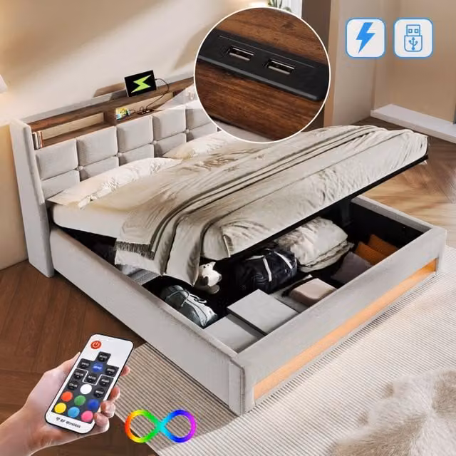 Letto Matrimoniale 180x200 Imbottito in Lino Beige con Luci LED e Prese USB; Rete a Doghe Sollevabile