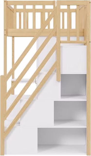 Letto a soppalco singolo con armadio, scrivania e scala con cassetti, stile scandinavo, bianco e legno, L/P/H: 200 x 90 x 251 cm