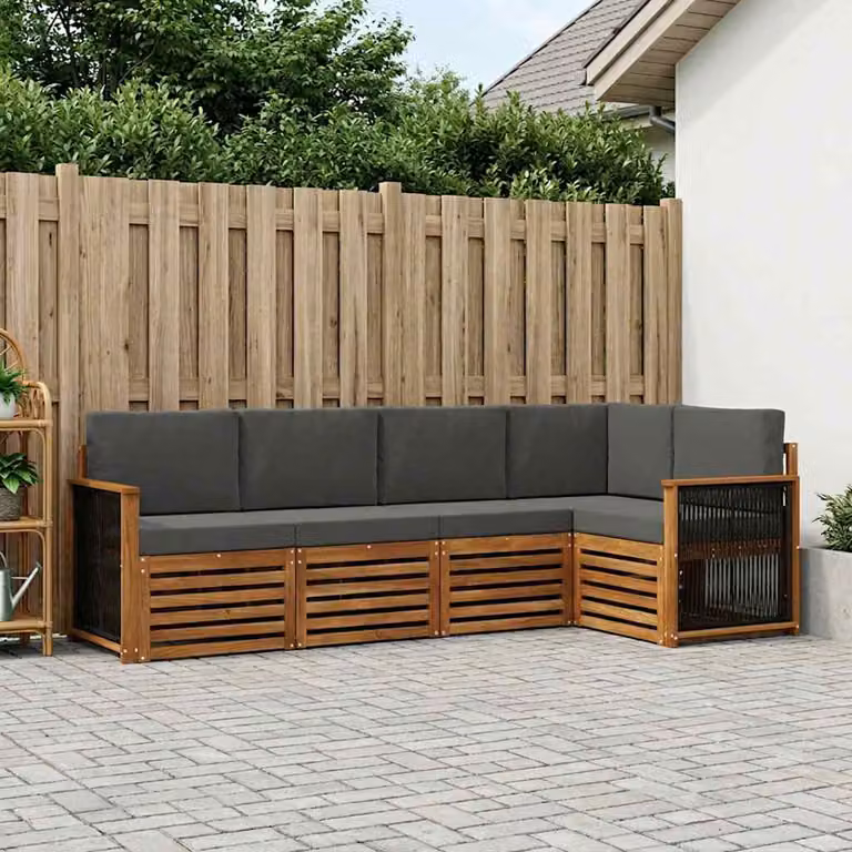 Set di divani da esterno vidaXL a forma di L composto da 4 pezzi in legno di acacia con cuscini in tessuto antracite e beige
