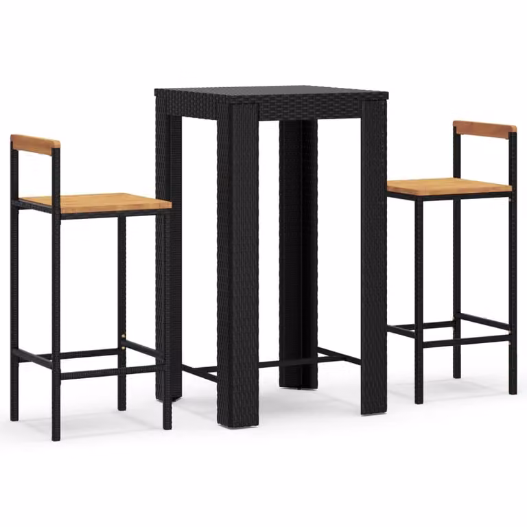 Set Bar Giardino 3 pz Nero Polyrattan e Legno Massello Acacia