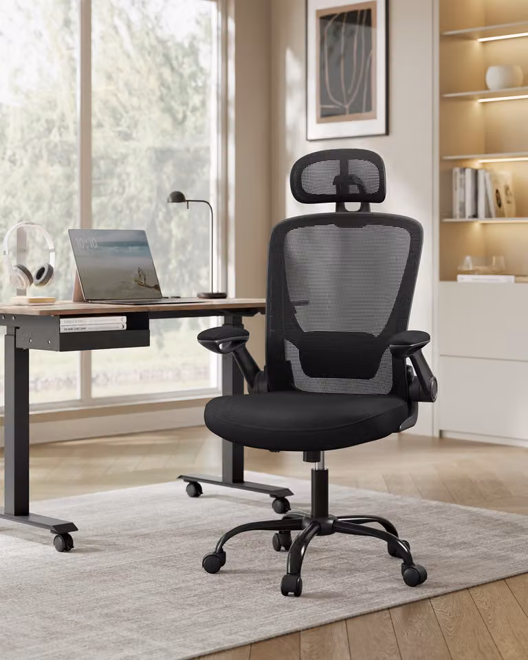 Sedia da ufficio ergonomica SONGMICS, sedia da scrivania, sedia girevole con rete, supporto lombare imbottito, funzione dondolo, superficie di seduta di 53 cm