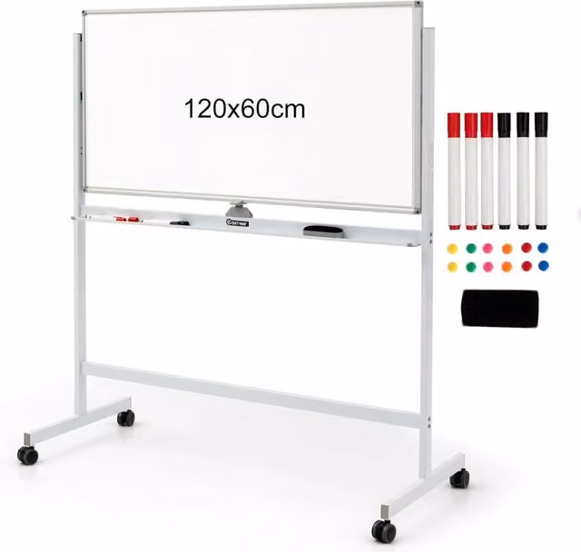 Lavagna Bianca Magnetica Doppia Costway con Ruote, Regolabile in Altezza, Colore Bianco – 1