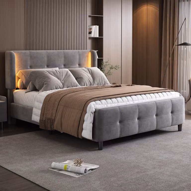 Letto imbottito Merax 140x200 cm con LED e paraorecchie laterali, letto matrimoniale in velluto con poggiatesta regolabile in altezza, struttura in metallo, design trapuntato, colore grigio