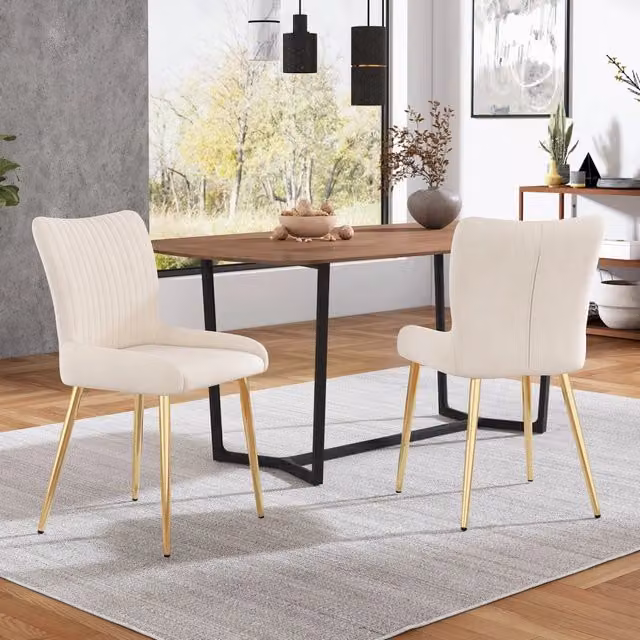 Set da 2 sedie da pranzo in velluto beige e metallo dorato, con supporto lombare, per soggiorno, sala da pranzo o camera da letto, stile elegante
