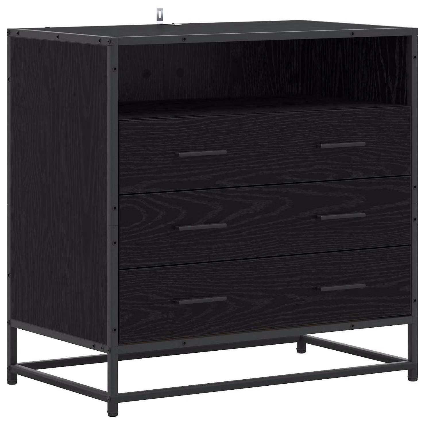 Mobiletto contenitore a 3 cassetti, colore nero, finitura effetto legno di quercia