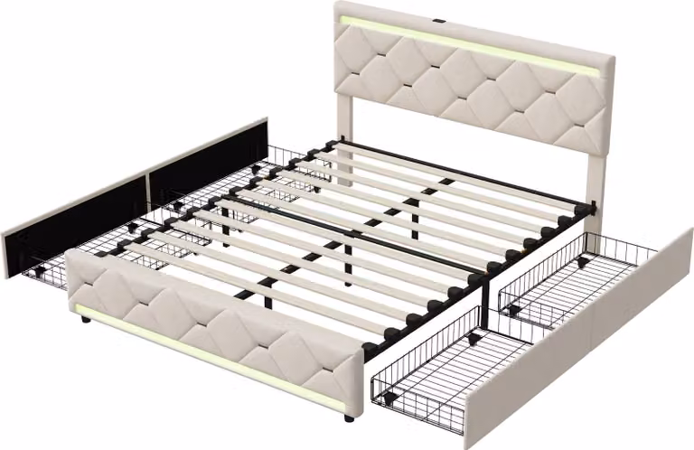 Letto imbottito Moonbite, 140x190 cm, rivestito in velluto bianco con motivo a nido d'ape, dotato di luci LED RGB a 7 colori, 4 cassetti scorrevoli, porte USB e USB-C, capacità di carico fino a 300 kg