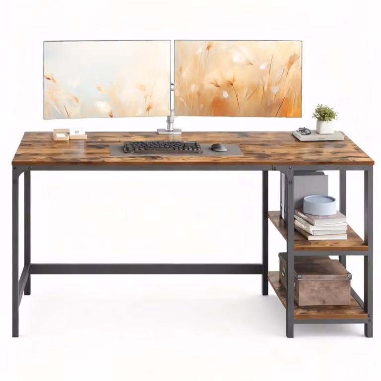 Scrivania, scrivania per computer | Stile vintage, colore marrone e nero | 140x60x75 cm