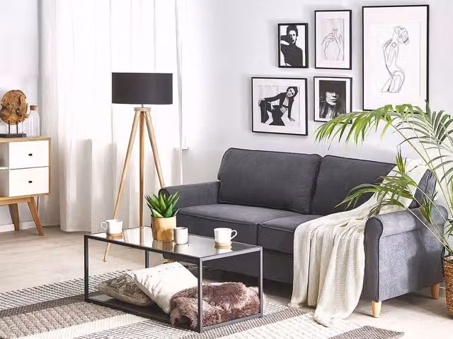 Divano Beliani Grigio in Velluto per Soggiorno a 3 Posti con Struttura in Legno e Cuscini Inclusi L: 190 cm, P: 88 cm, H: 78 cm