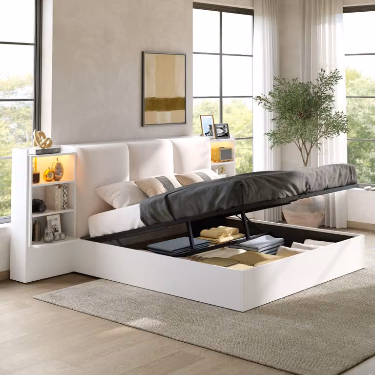 Letto imbottito Merax 180x200 cm, modello a piattaforma con testiera, dotato di 6 vani contenitori, cassone contenitore idraulico, illuminazione LED e funzione letto contenitore. Letto matrimoniale, colore bianco