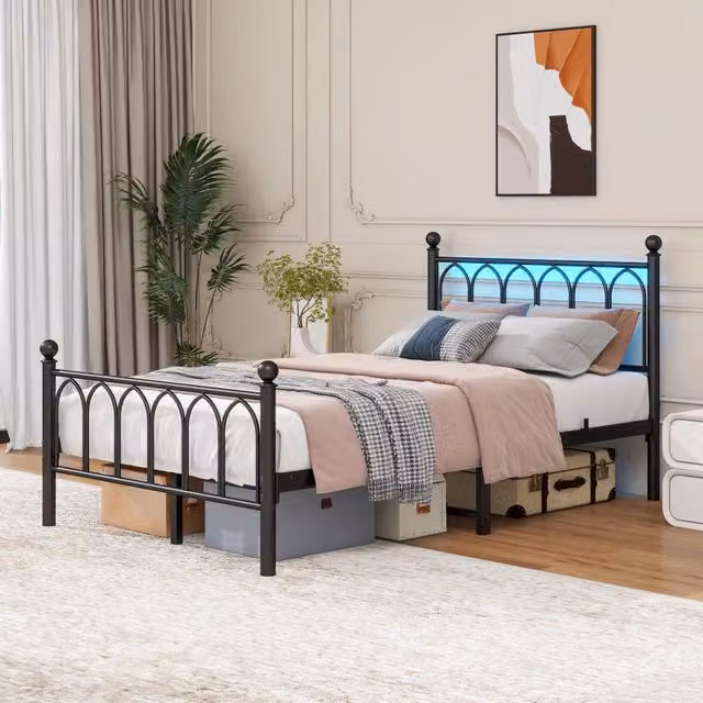 Letto singolo 120 × 200 cm con testiera e pediera alte, LED, 2 USB e presa, senza materasso, nero