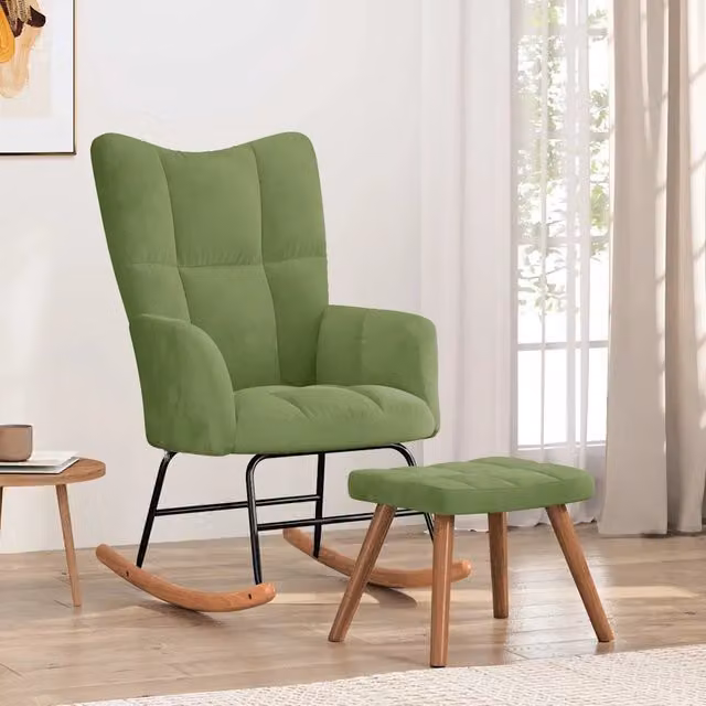 Poltrona a Dondolo con Poggiapiedi vidaXL in Velluto Verde per il Relax in Soggiorno – 1
