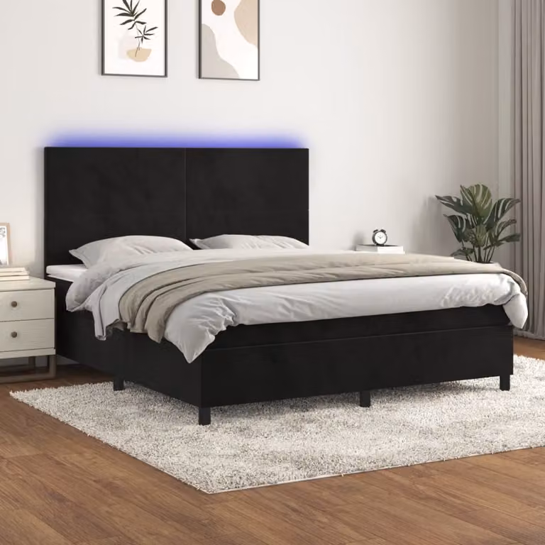 Letto a Molle con Materasso e LED vidaXL in Velluto Nero L/P: 180 x 200 cm