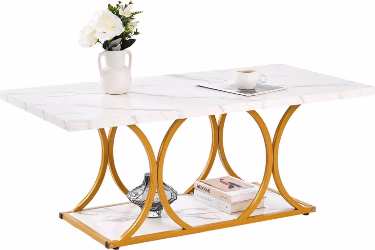 Tavolino da salotto - Tavolino rettangolare a due livelli - Effetto marmo - Struttura in metallo - Con ripiano - Portata 95 kg - Dimensioni 120 x 59,5 x 48 cm - Bianco