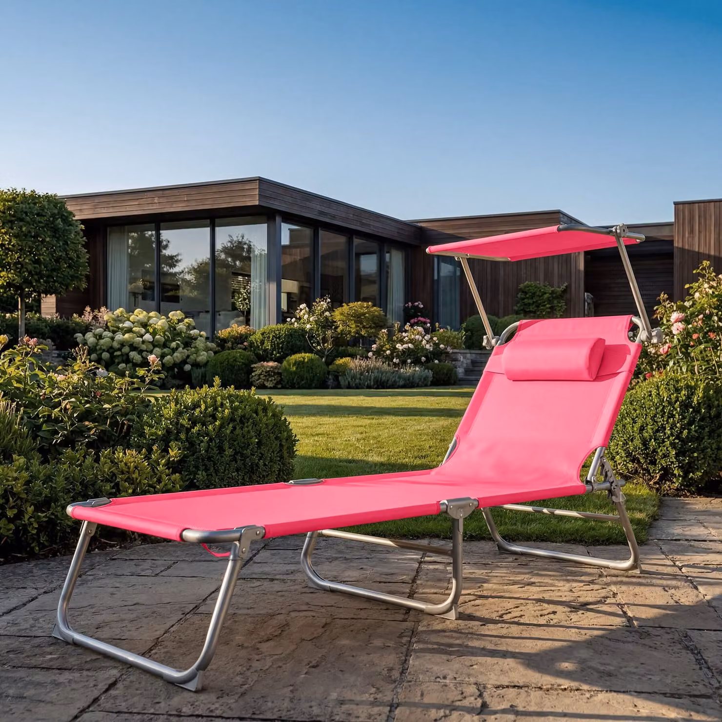 Set di 2 lettini da giardino Chloe TecTake rosa con parasole e poggiatesta regolabile – 2