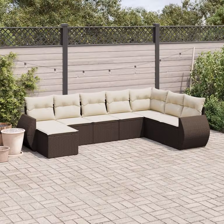 Set di divani da giardino vidaXL in polyrattan marrone con 8 pezzi e cuscini inclusi