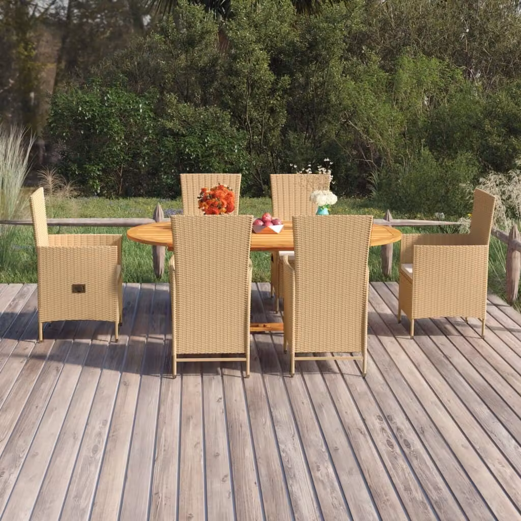 The Living Store Set da pranzo da giardino 7 pezzi in poly rattan beige