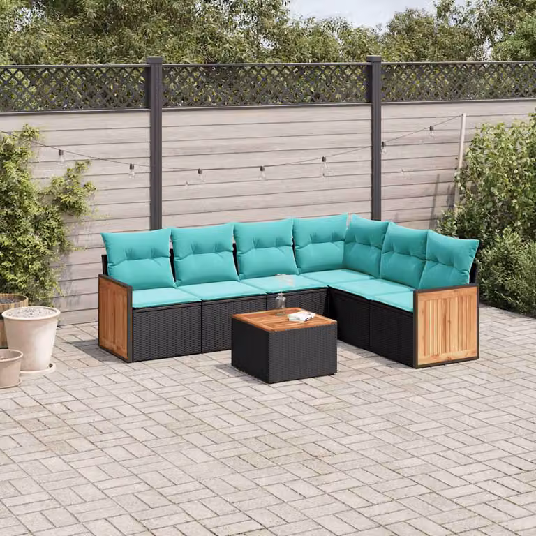 Set di divani da giardino vidaXL in polyrattan nero con 7 pezzi e cuscini inclusi
