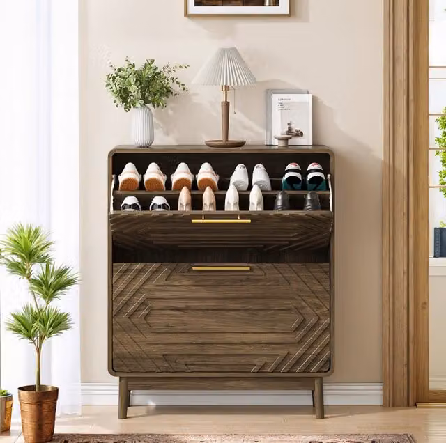 Scarpiera 91 x 54 x 16 cm noce in MDF, 2 vani a ribalta con divisori regolabili