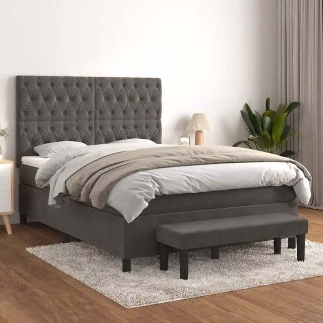 Letto Ibrido con Giroletto a Molle e Materasso vidaXL in Velluto Grigio e Bianco L/P/H: 190 x 140 x 31 cm