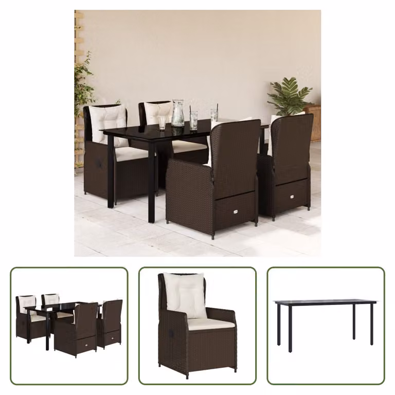 The Living Store Set da pranzo da giardino 5 pezzi con cuscini in polirattan marrone
