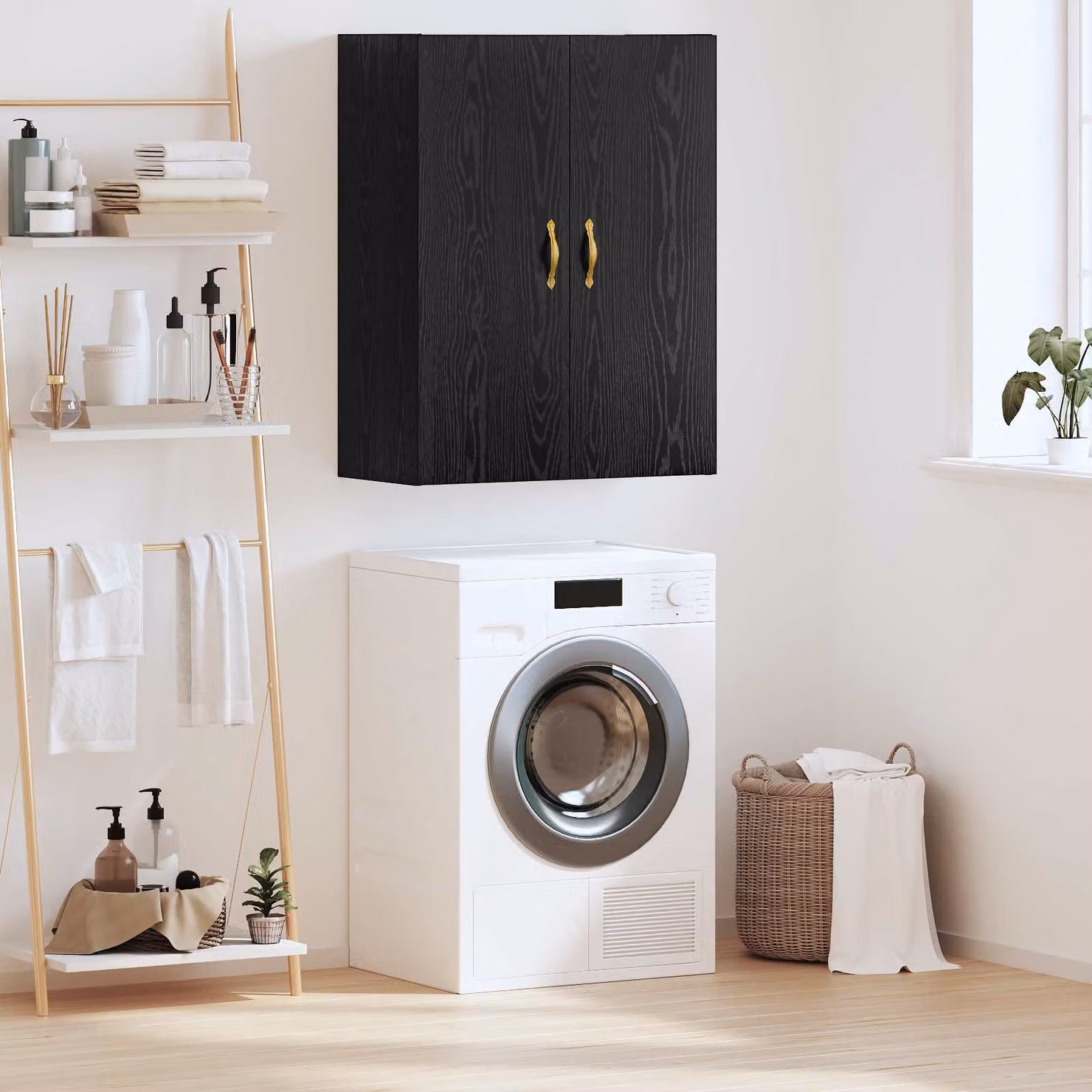 Armadietto a muro vidaXL in rovere nero con ante a battente e ripiani interni, L: 69,5 cm, P: 34 cm, H: 90 cm