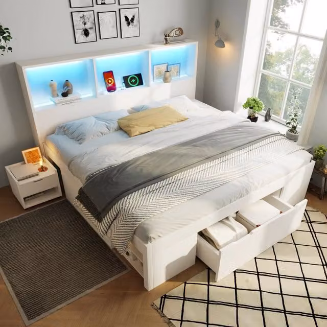 Letto matrimoniale 140 × 190 cm con LED regolabile, USB e Type-C, 2 comodini mobili e cassetto, senza materasso, bianco