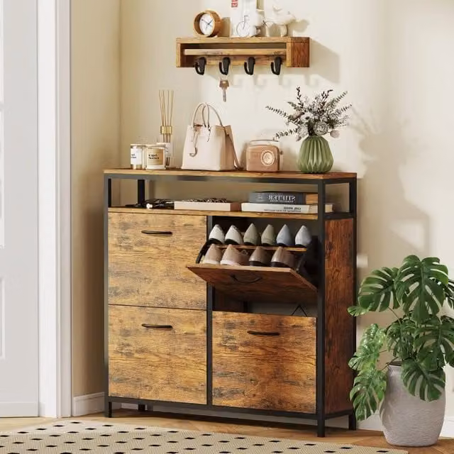 Scarpiera con 4 cassetti ribaltabili ripiano aperto e telaio in acciaio marrone rustico 98 × 24 × 95 cm
