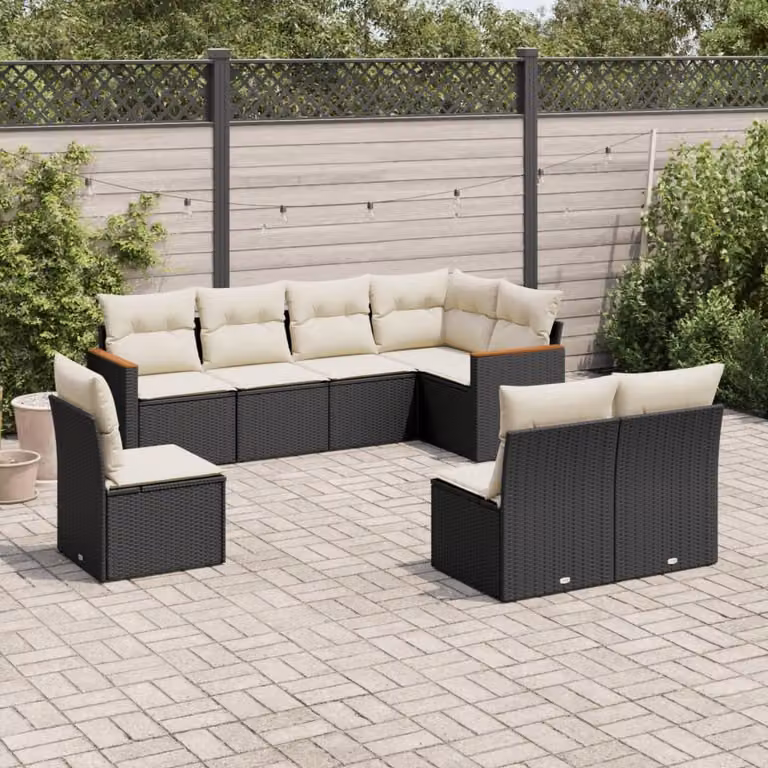 vidaXL Set Divani da Giardino a L in Polyrattan con Cuscini, 8 Pezzi, Nero e Bianco