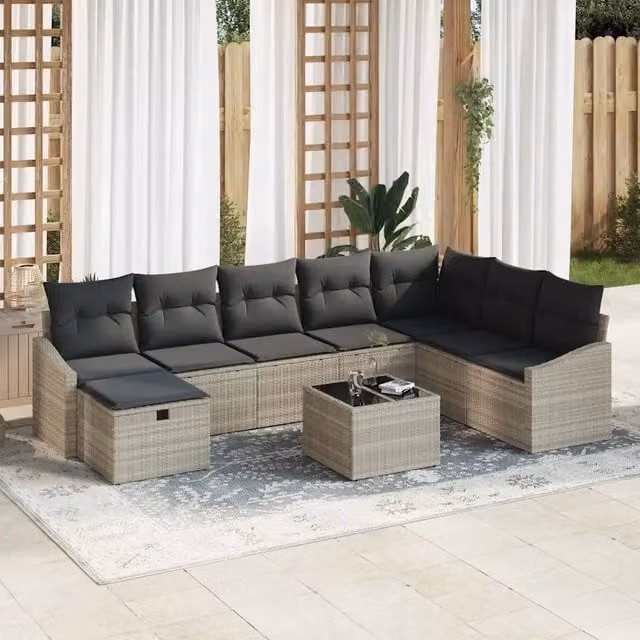 Set di divani da giardino vidaXL in polyrattan grigio con 9 pezzi, inclusi cuscini e tavolino da caffè per esterno – 1