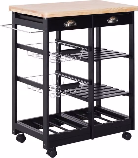 Carrello da cucina moderno XYLO con ruote, 2 cassetti, 2 cestini e 2 ripiani, colore nero, H 76 cm x L 74 cm x P 37 cm – 1